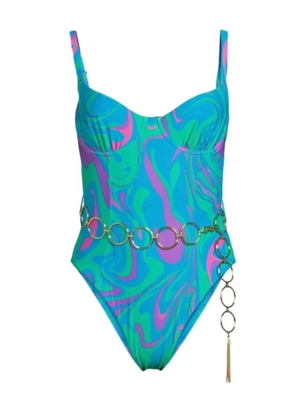 WeWoreWhat Danielle womens One-Piece Swimsuit with Gold Chain Belt size M NWT